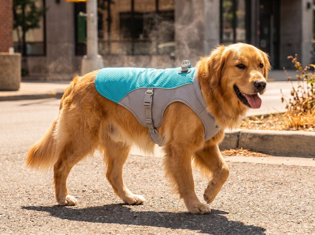 Chien protégé de la chaleur du bitume avec un gilet rafraîchissant