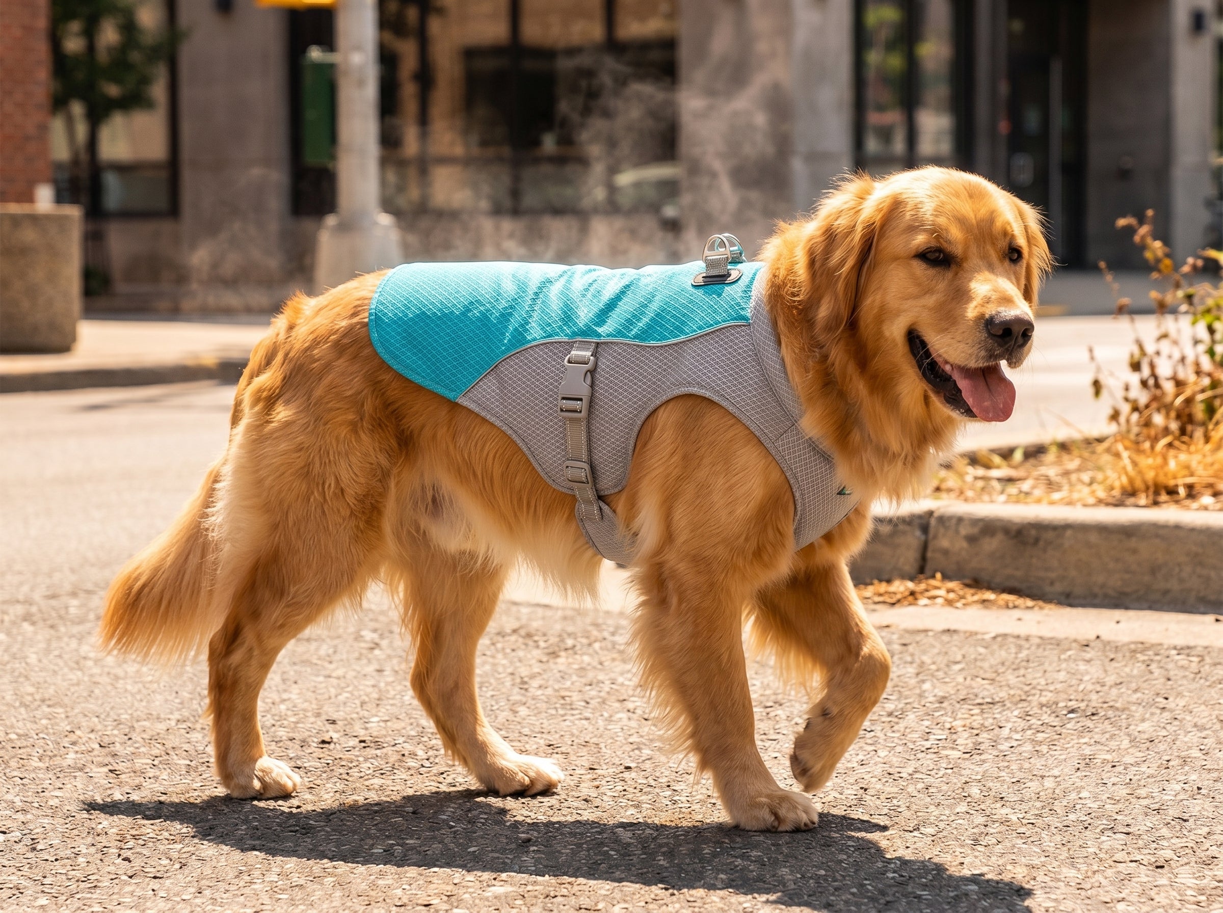 Chien protégé de la chaleur du bitume avec un gilet rafraîchissant