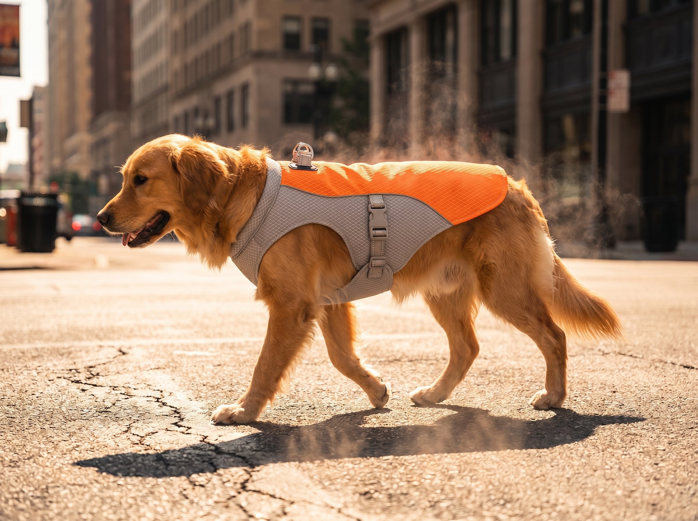 Chien portant le gilet rafraîchissant FRESKO orange en balade estivale