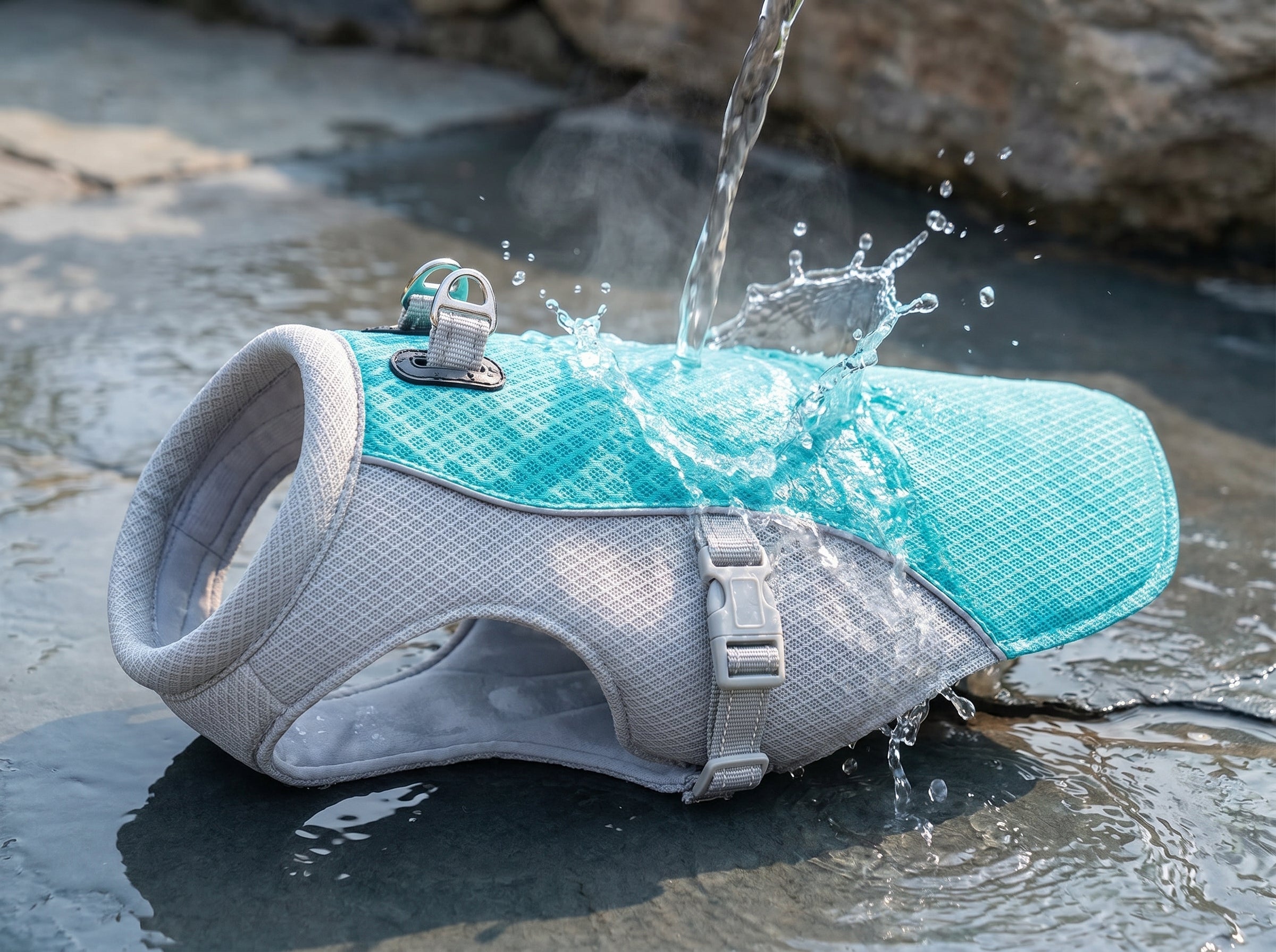 Gilet rafraîchissant chien trempé dans l eau avant utilisation