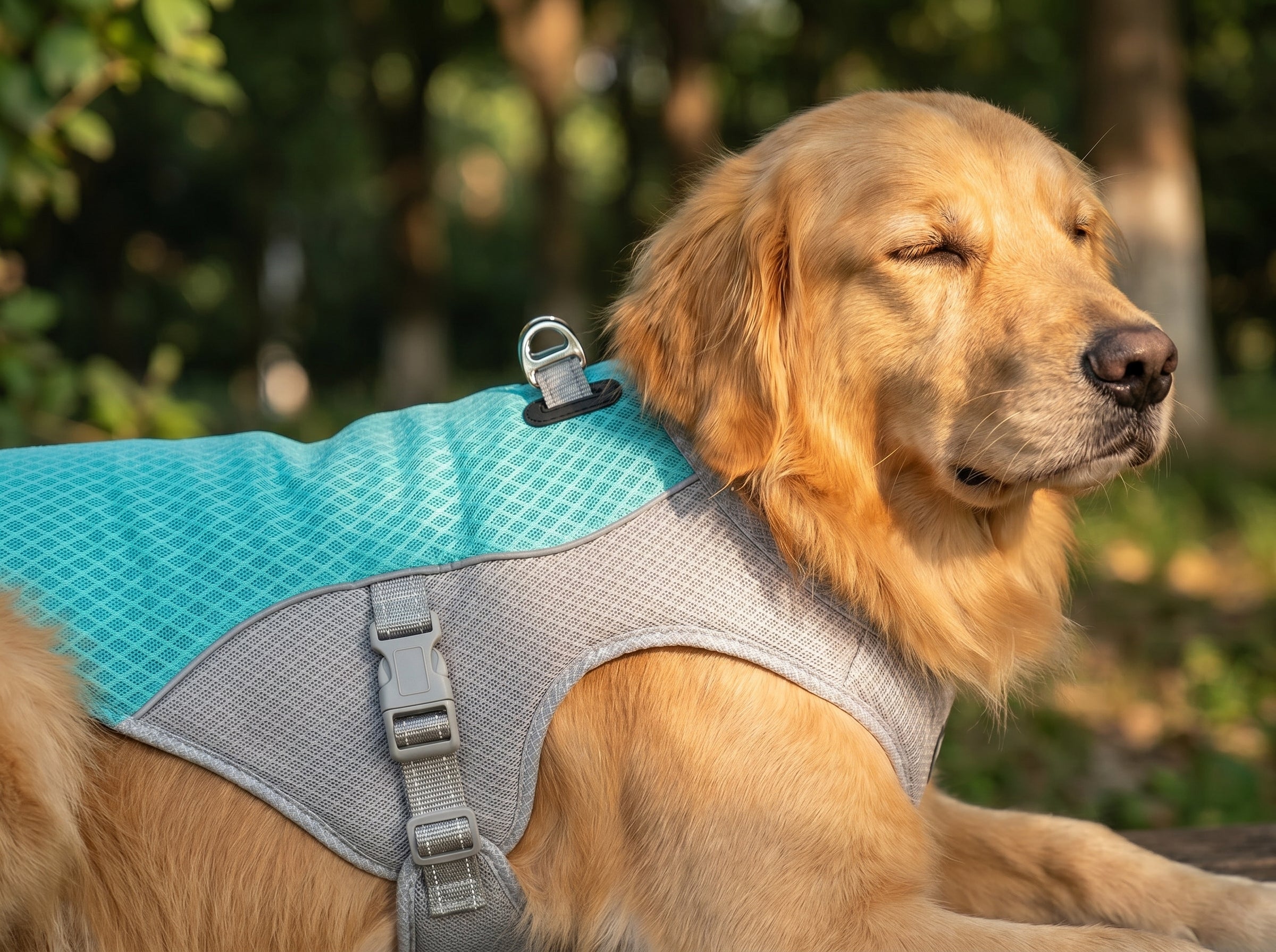 Chien apaisé et rafraîchi grâce au gilet rafraîchissant FRESKO