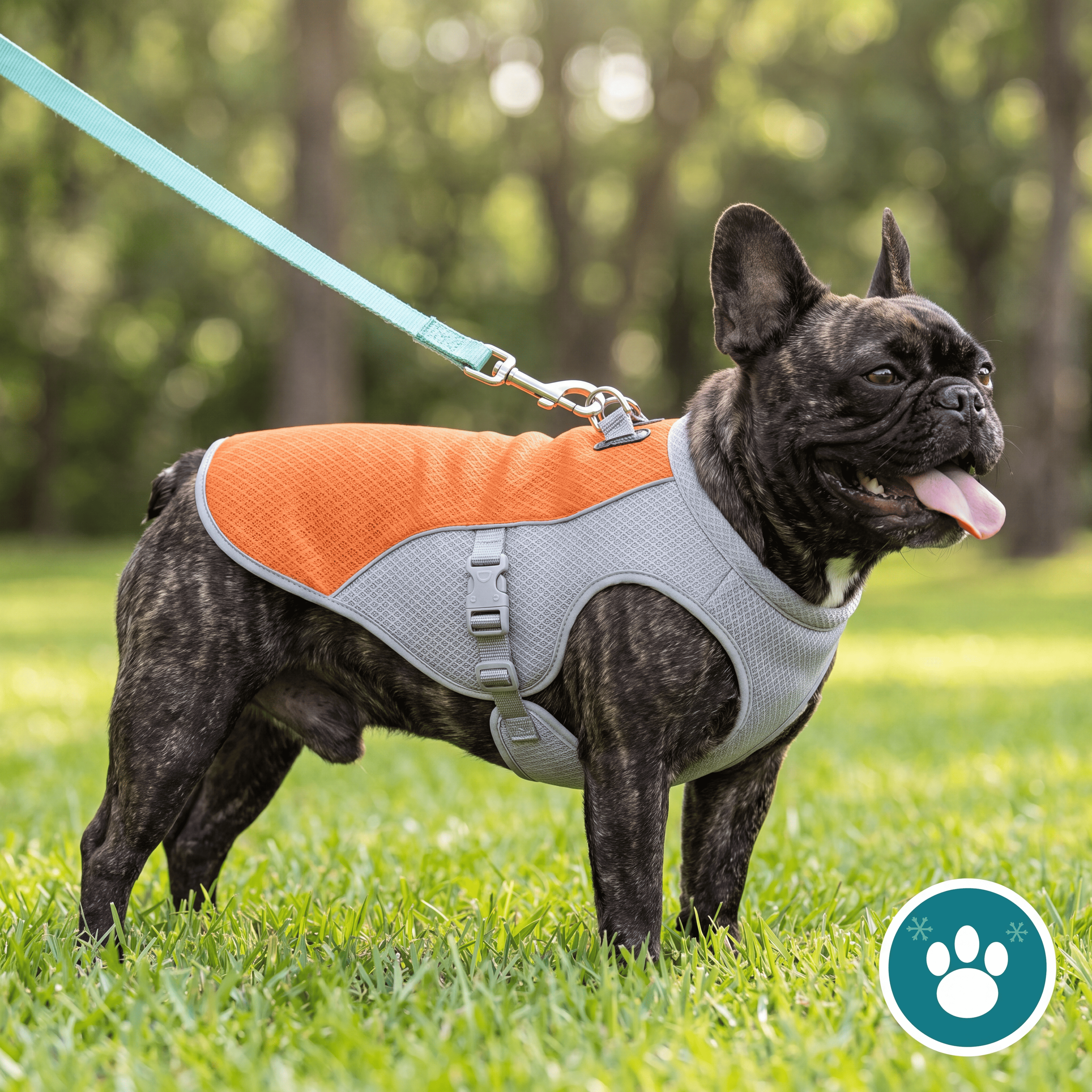 Bouledogue français portant le gilet rafraîchissant FRESKO orange dehors